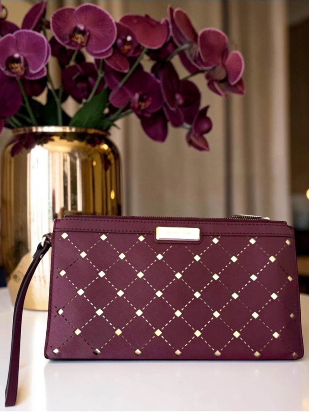 Michael Kors Jamey Saffiano  Burgundy Wristlet with Gold Diamond  Cutouts New